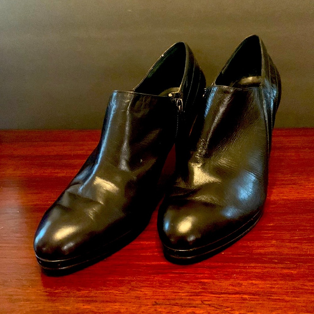 Black leather platform short boots with side zip